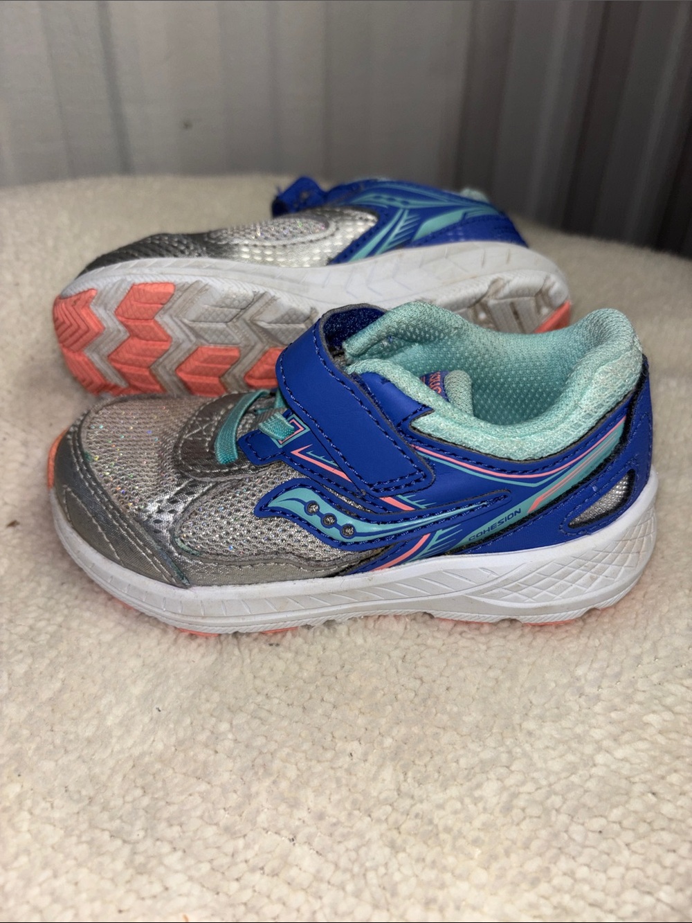Saucony Kids Blue and Silver Athletic Sneakers with Coral Accents